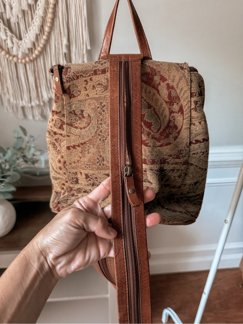Vintage Tapestry and Leather Backpack - Picture 2 of 3